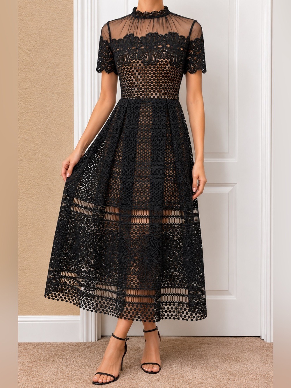 ROMEO and JULIET COUTURE BLACK LACE ILLUSION MIDI DRESS